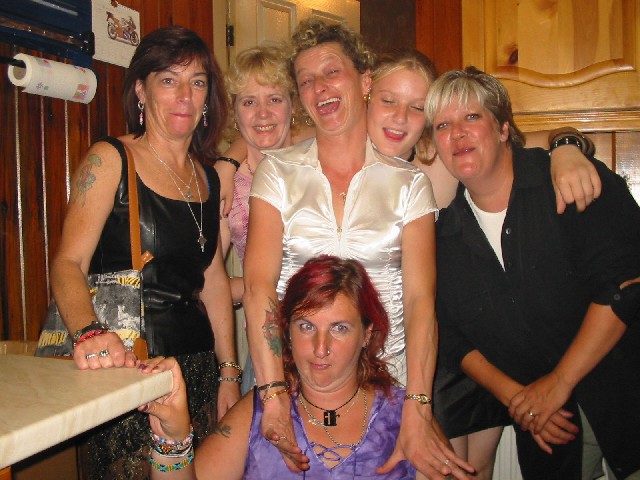 The groupies prepare for a night out - in our dreams. any way top left to top right are Linda, Carol, Val, Rachael, another Rachael and at the front bottom Dai.